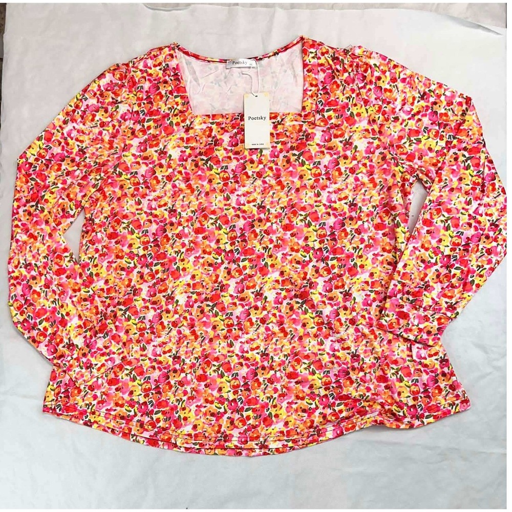 Poetsky Normcore Bloomcore Floral Womens Long sleeve‎ Blouse Square Neckline 2XL